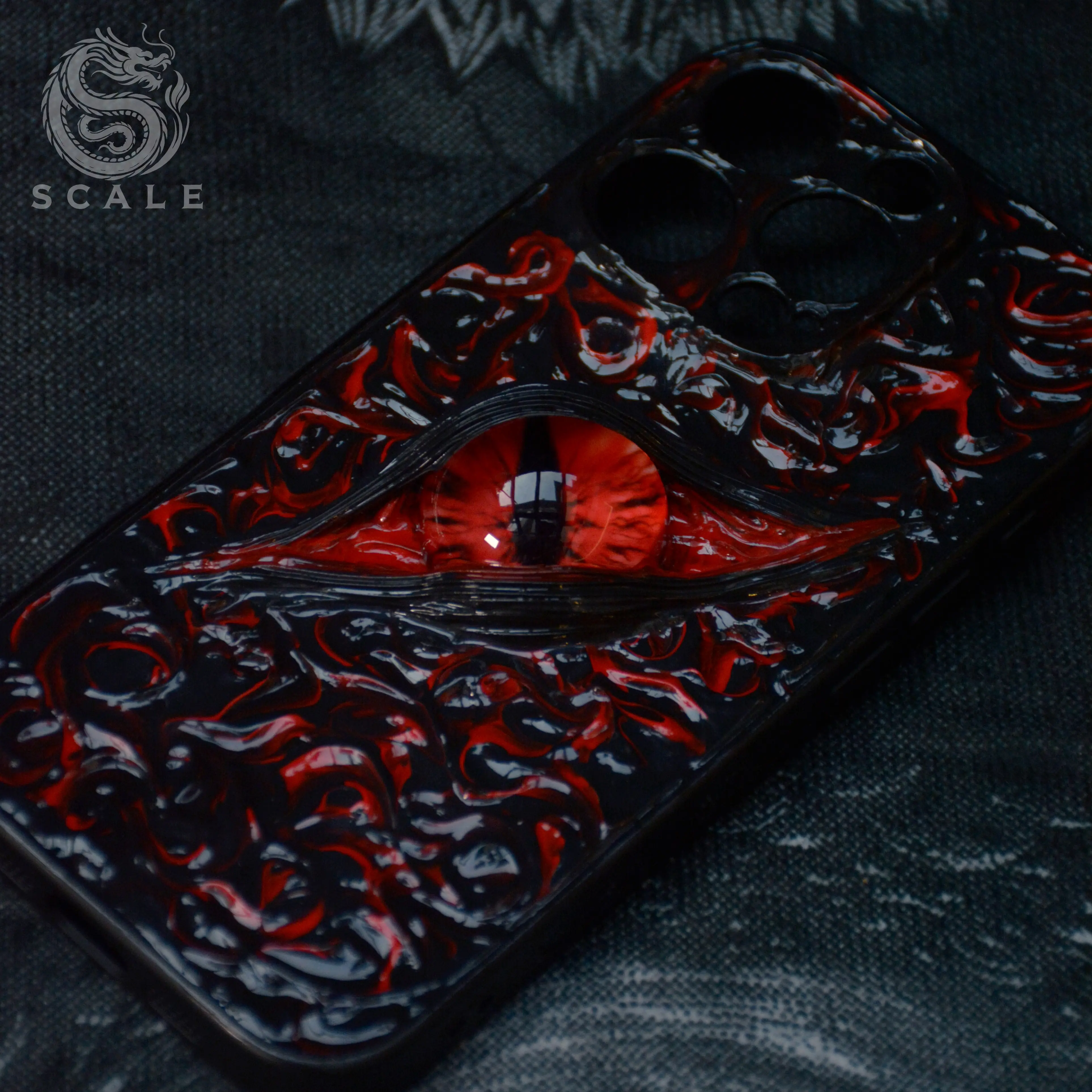 "Abyssal Single Eye" Unique Futuristic Handmade Hand-Painted Dragon Red Eye Phone Case - Button-Protected, Craftsmanship-Enhanced Protective Accessory for iPhone 16/15/14 Pro & Pro Max Devices