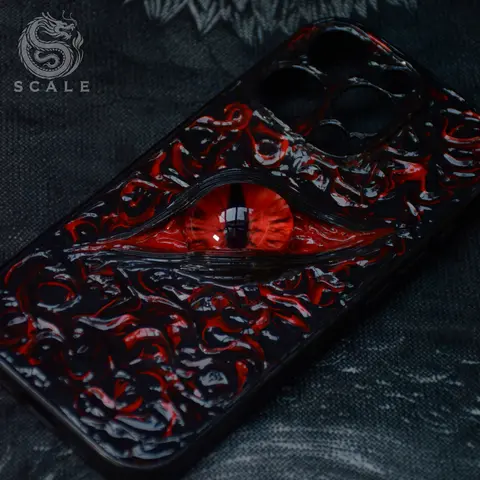 "Abyssal Single Eye" Futuristic Artisans' Craft Handmade Hand-Painted Red Eye Dragon Smartphone Casing - Button-Protected, Shockproof Protector, Unique Aesthetic Accessory for iPhone 16-15-14 Pro & Pro Max