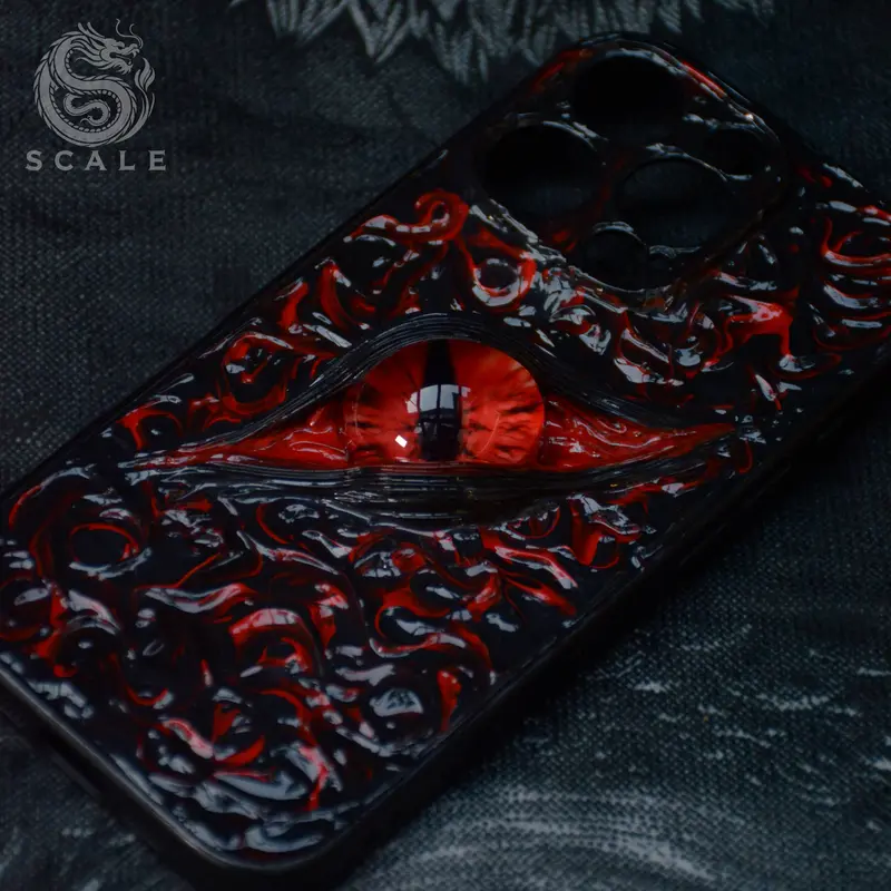 "Abyssal Single Eye" Futuristic Artisans' Craft Handmade Hand-Painted Red Eye Dragon Smartphone Casing - Button-Protected, Shockproof Protector, Unique Aesthetic Accessory for iPhone 16-15-14 Pro & Pro Max