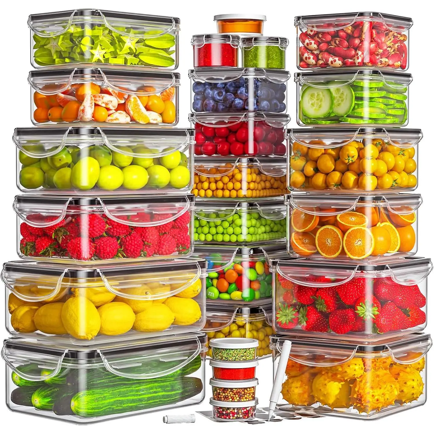 50 Pack Airtight Meal Prep Containers (25 Containers + 25 Lids), Reusable Plastic Food Storage Containers with Labels & Marker