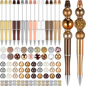 15 count Plastic Beadable Pens Assorted Bead Pens Multicolor Beads Bubblegum Beads  Spacer Beads Black Ink Ballpoint DIY Set for Summer  Party Gifts( Brown)