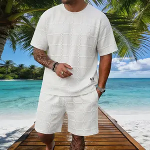 Lounge to Street Mens Apparel Set Relaxed Fit Pullover Tee and Shorts with Intricate Woven Rope Grid Design Versatile Outfit for Home Relaxation and City Walks