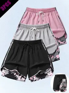 Women's Fake Two-Piece Gym Shorts, Breathable Sports Shorts, Dual-Layer Anti-Exposure Camouflage Lining, Phone Pocket, Breathable Quick-Dry, Fitness Running