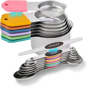 Magnetic Measuring Cups and Spoons Set-Heavy Duty 304 Stainless Steel，Double Measurement Markings，Set of 16 with Leveler for Measure Dry and Liquid Ingredients