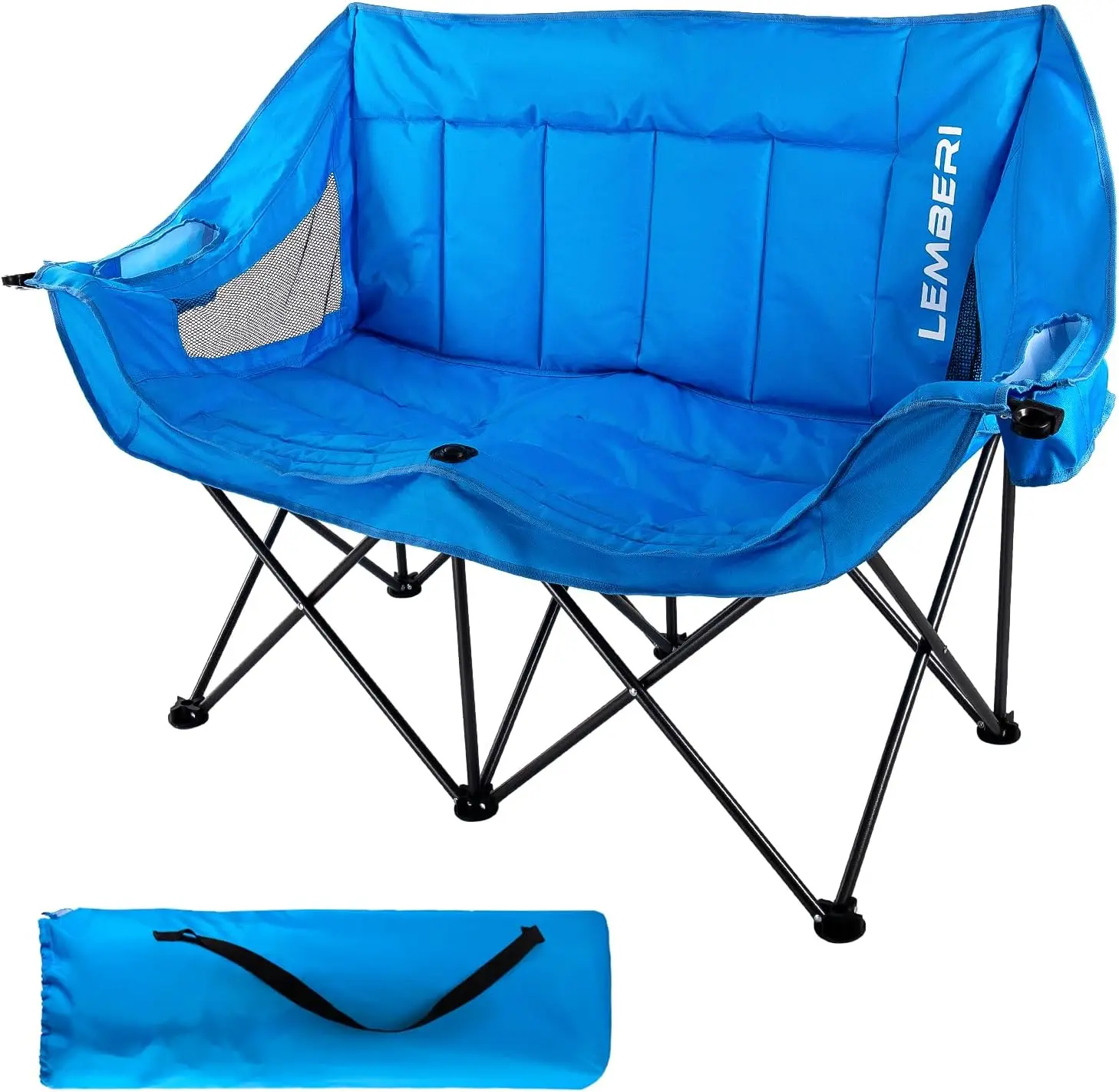 PUKAMI Double Camping Chair - Oversized Padded Loveseat for 2 Adults, Foldable Heavy Duty Portable Space-Saving Chair with Cup Holders & Carry Bag, Long-Lasting 460 lbs Capacity for Heavy Duty Camping, Sporting Events, Lightweight Foldable Chair