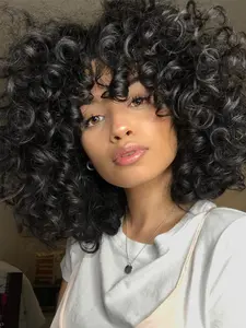18 Inch Women's Curly Hair Wig, Heat Resistant Synthetic Fiber Wig with Bangs, Perfect for Cosplay & Daily Wear, Kinky Curly Wigs