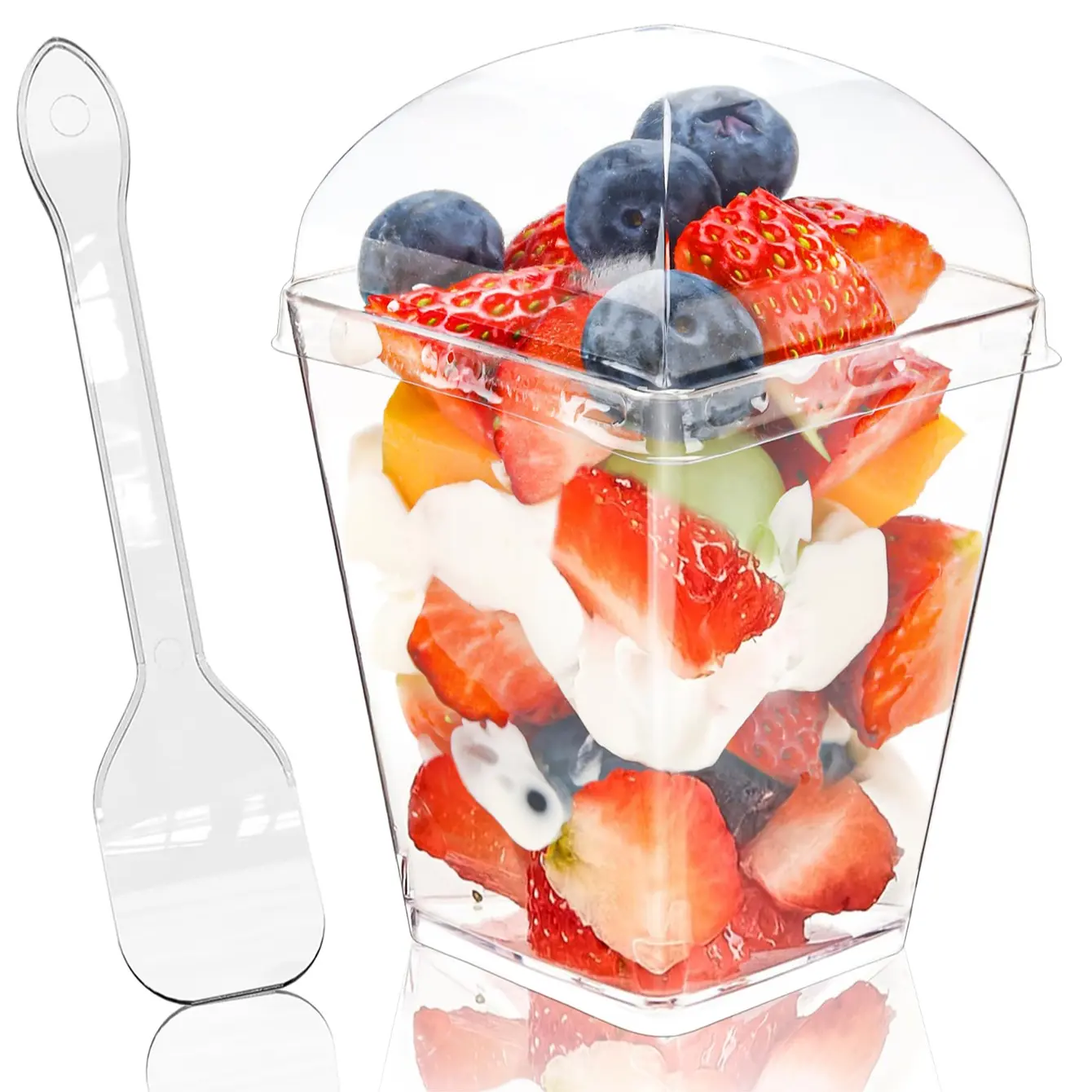 20/50 package 5-ounce square transparent plastic dessert cup with lid and spoon, mini cake cup, yogurt, jelly, snacks, mousse cake cup pudding, Plastic Clear Cups, Plastic Disposable Cups