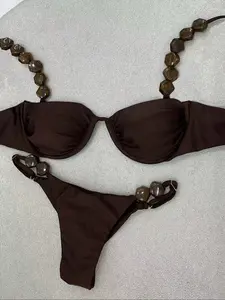Deep Bow Bikini Set, Vintage Elegant Beach Style, Halter Top with Matching Bow Straps, Smooth Fabric, Fashionable Women's Swimwear