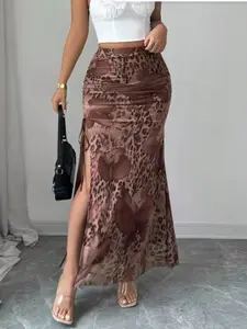 Women's Elegant Leopard Print Mesh High Waist A-Line Skirt, Elasticity Split Design, Fall Fashion Women's Clothing