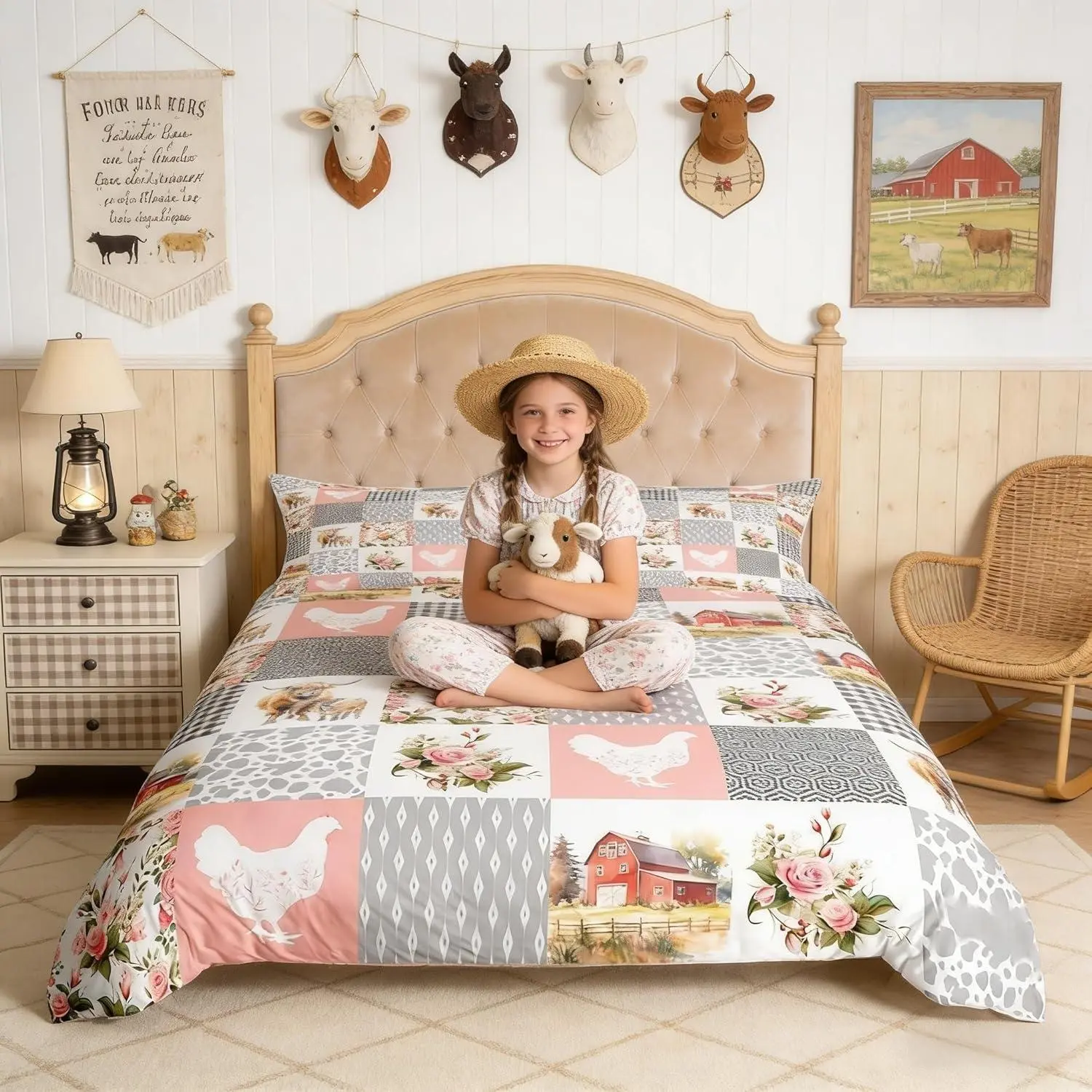 Farmhouse Barn Duvet Cover,Chicken Highland Cow Flowers Grid Comforter Cover Set,Rustic Pink Patchwork Geometric Bedding Quilt Cover Set Bedroom Decor