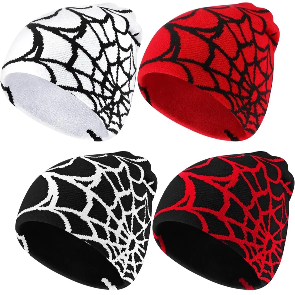Y2K Spider Web Beanie 4 Pack for Women Men, Grunge Gothic Spider Black White Warm Knit Hat Casual Outdoors, Hat for Winter Fall Spring Summer