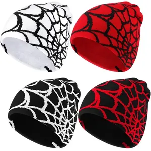Y2K Spider Web Beanie 4 Pack for Women Men, Grunge Gothic Spider Black White Warm Knit Hat Casual Outdoors, Hat for Winter Fall Spring Summer