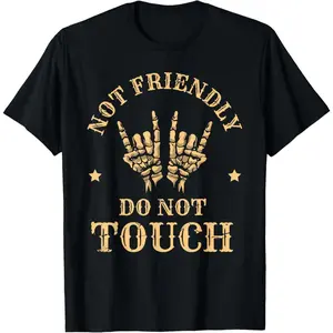 Not Friendly Do Not Touch Rock On Skeleton T-Shirt, Vintage Gothic Graphic Tee for Men & Women