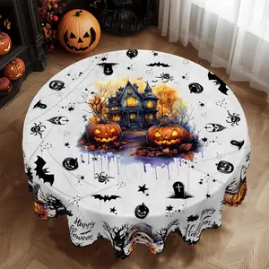 Halloween Decor Printed Tablecloth, Day Of The Dead Round Table Cloth, Dining Table Decoration, Pumpkin Castle Skull Pattern, Holiday Party Indoor Dining Decoration, Rectangular Table Cover, Holiday Household Kitchen Supplies Gift