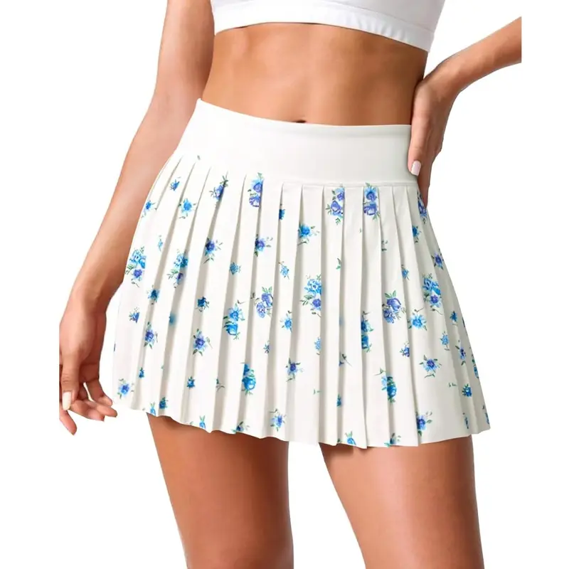 Fisoew Women's High Rise Fade-Resistant Polyester All Over Floral Print Classic Pleated Silhouette Mini Yoga Skirt - Built-In Shorts, Elastic Waist, Pockets, Athletic Skirt for Yoga, Workout; Cold Wash, Do Not Bleach
