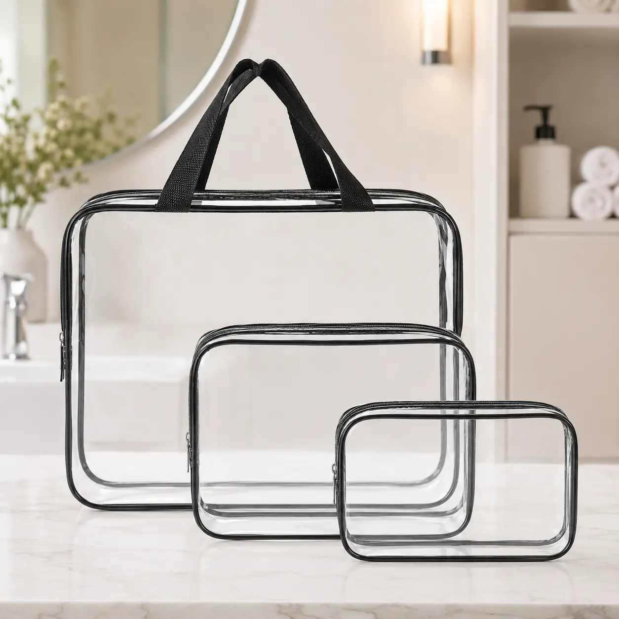 3-Piece Clear Waterproof Bags | Reusable, Zippered & Perfect for Travel Makeup! Keep Cosmetics Organized Anywhere