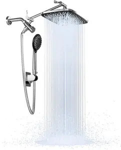 Veken 12 Inch High Pressure Rain Shower Head Combo with Extension Arm- Wide Rainfall Showerhead with 5 Handheld Water Spray - Adjustable Dual Showerhead with Anti-Clog Nozzles - Silver Chrome