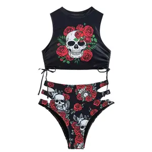 Skull & Rose Print Two-Piece Bikini Set, High Neck Tank Top Swimsuit with Cut-Out High Waist Bottom, Gothic Style Tummy Control Bathing Suit, Stretchy Quick-Dry Breathable Fabric, Side Drawstring Adjustable Swimwear for Women, Summer Vibes Beach Ready
