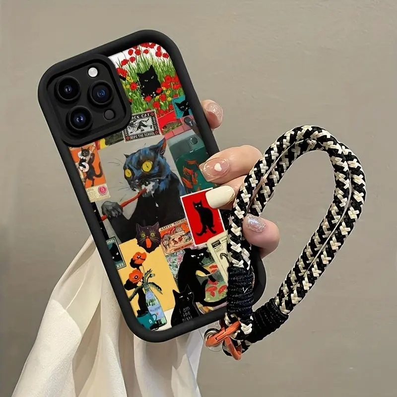 Creative Cat Pattern Phone Case with Lanyard, Cute Phone Case, Decorative Phone Protector Cover Accessories Casing Compatible with iPhone Series