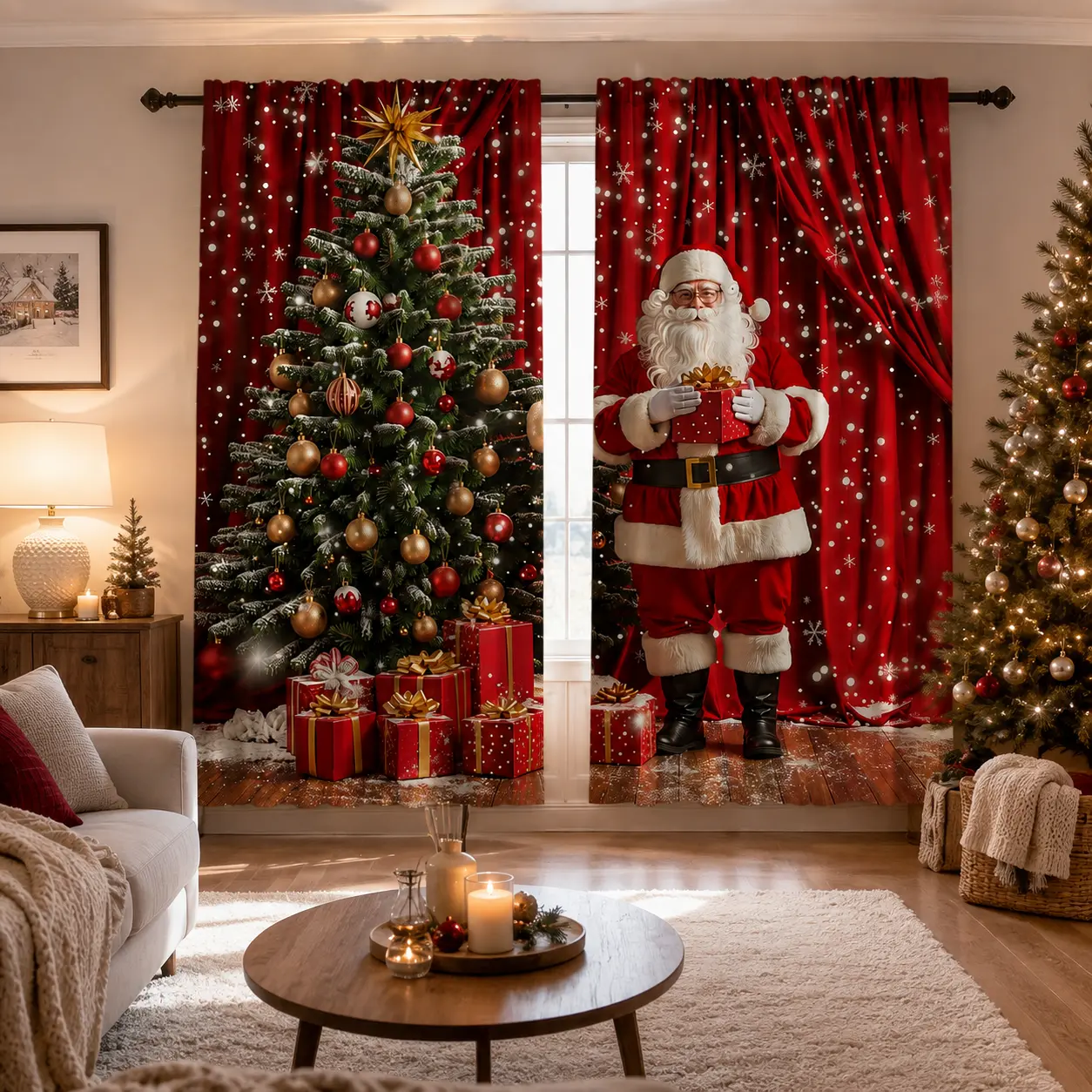 [Christmas Day] Christmas Window Curtains with Santa Claus, Snowman Family, Christmas Tree, Poinsettia & Ornament Prints, Soft Polyester Rod Pocket Drapes for Living Room, Bedroom and Kitchen Holiday Home Decor
