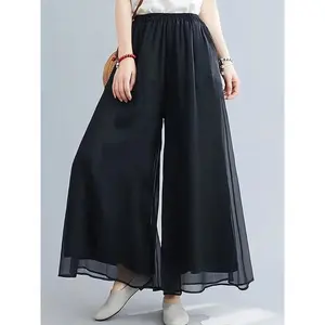 Plus Size's Elegant Double-Layered Loose Fit Chiffon Pants for Dance Training