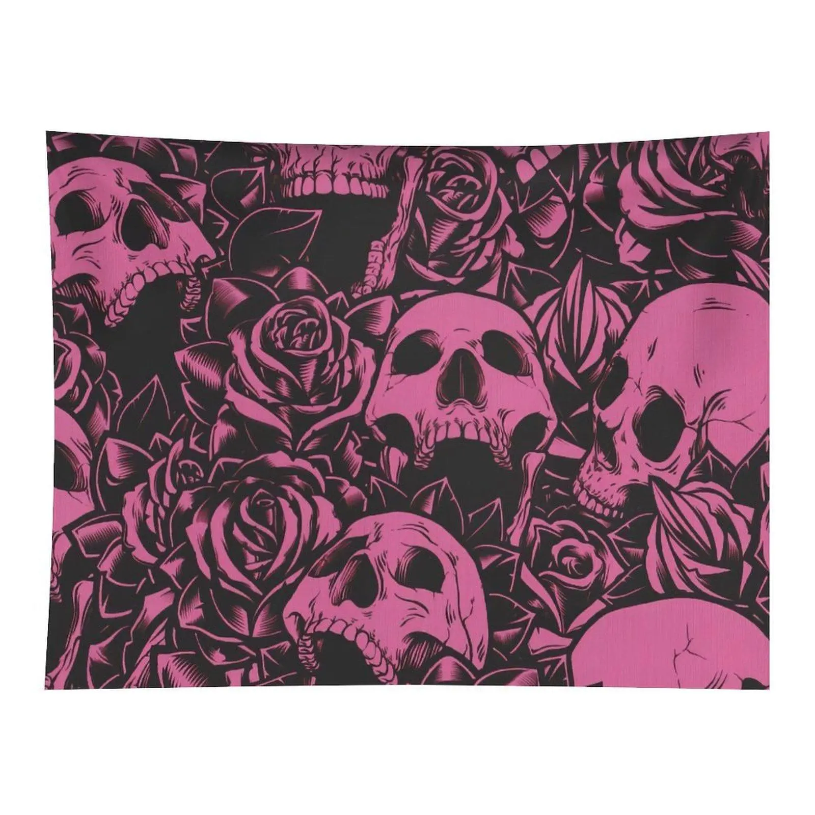 Pink Black Skull Rose Line Art Dark Grunge Gothic Wall Tapestry Wall Hanging, Edgy Halloween Skeleton Floral Aesthetic Decor for Moody Teen Girls Dorm Backdrop