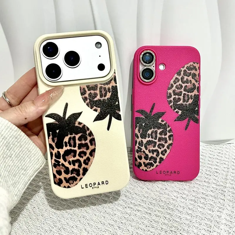 Leopard Print Strawberry TPU Cellphone Case - Protective Full-Cover Casing for iPhone 13/14/15/16/17 Pro, Pro Max, Electronics Accessories, Girly Gift Ready Item