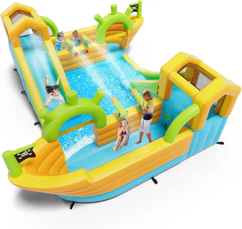 JOYMOR Inflatable Water Slide Park, 2 Pirate-Boat Giant Water Slide Bounce House w/4 Water Cannons, Challenge Climbing Wall, 10-in-1 Water Slides for Kids Backyard Outdoor w/Blower, Up to 6 Kids