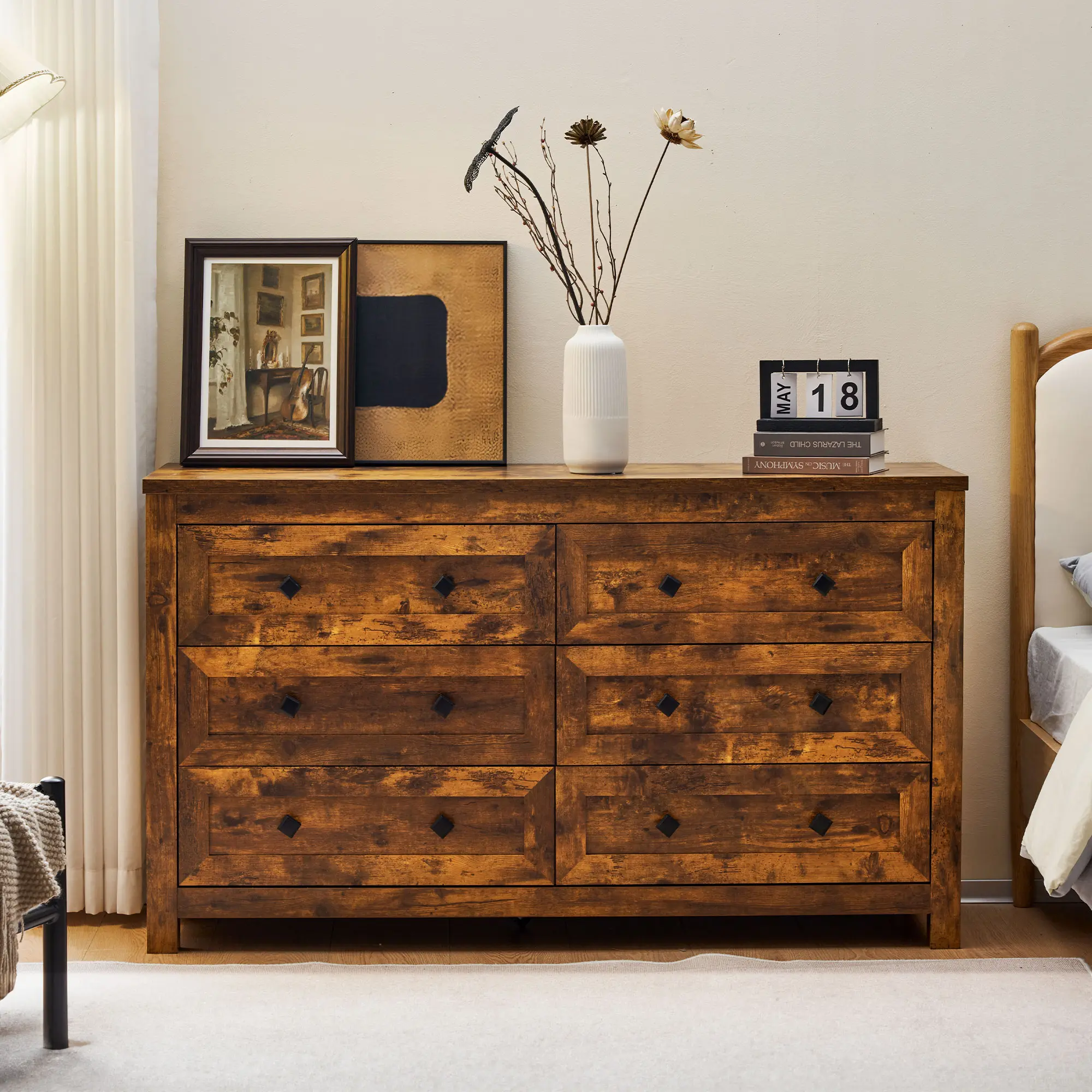 [Summerwins] [SummerFinds] AMERLIFE 6 Drawers Dresser for Bedroom, Farmhouse Wood Chest of Drawers with Vintage Grain Texture, Drawer Double Dresser for Bedroom, Living Room