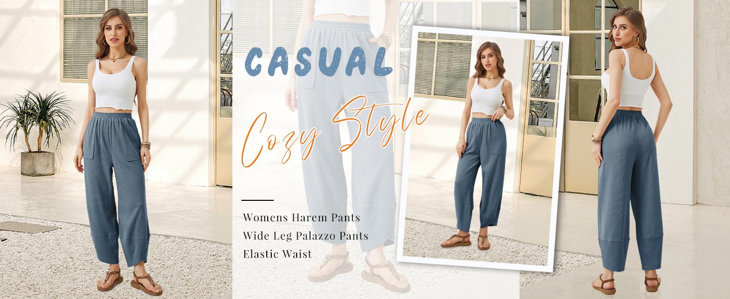 Bienmorn Women’s Baggy Wide-Leg Pants, Casual Elastic-Waist Palazzo/Harem Pants with Pockets,clothes for back to school,first day of school outfits