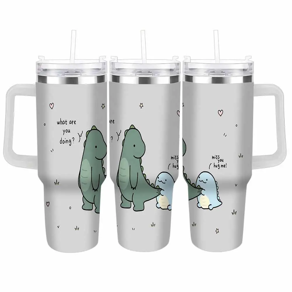 Cute Dinosaur Hugging Illustration Car Cup (40oz/30oz) Cartoon Dino Print Pattern Adorable Emotional Design Double Wall Stainless Steel Vacuum Insulated Tumbler Gift for Office Home Coffee Travel Friendship Anniversary