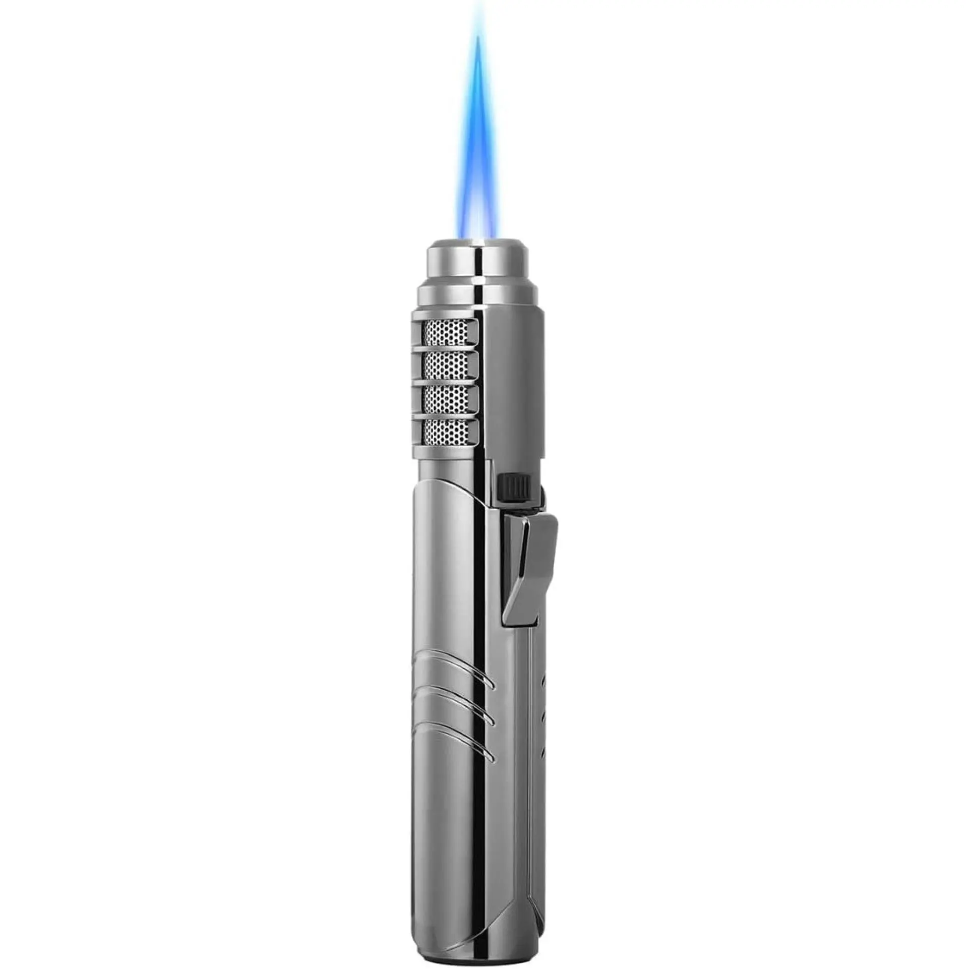 Windproof Butane Torch Lighter, Stainless Steel High-Power Lighter with Adjustable Blue Flame and Safety Lock, Refillable for Camping, BBQs, and Candles