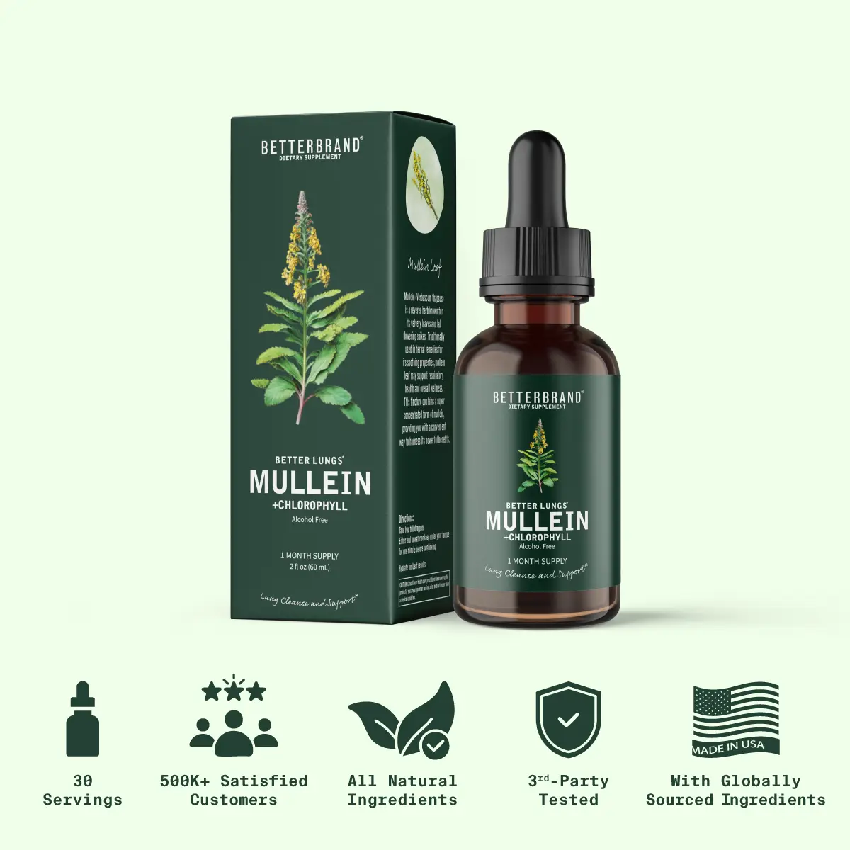 BetterLungs Mullein Leaf & Chlorophyll Extract Drops For Lung Detox and Mucus Cleanse - 30 Servings