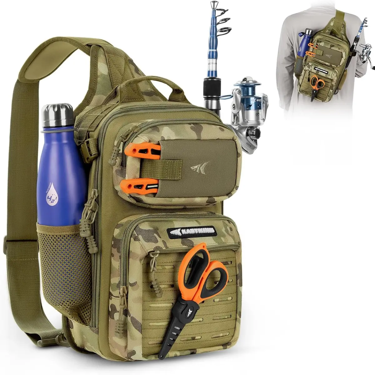 Kastking BlowBak Tactical Sling Tackle Bag, Lightweight & Water Repellent 600d Fabric with Adjustable Strap & Molle System for Fishing Trips, 8x6x14 Inch, Side Rod Slot