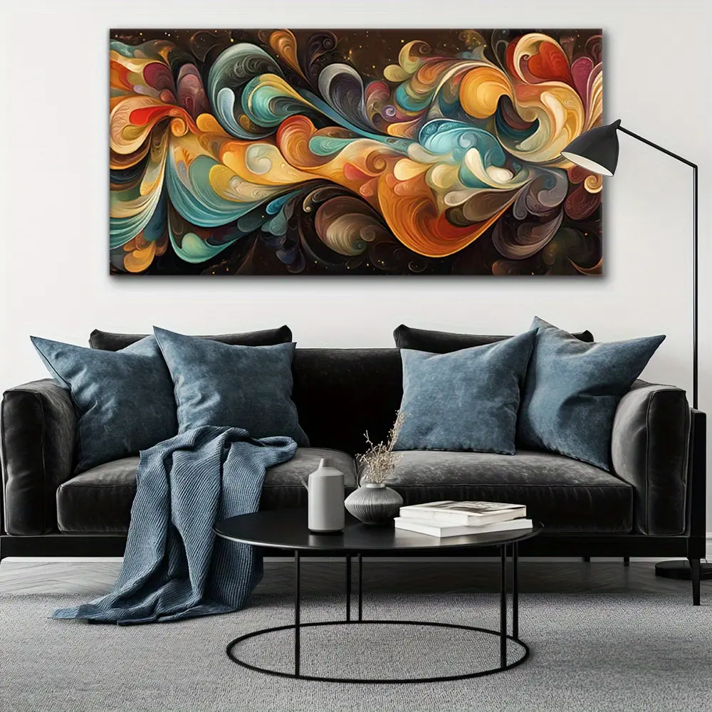 Artistic Wood-Mounted Canvas Wall Art - Modern Abstract Pattern Print Landscape, Swirling Blue Turquoise-Orange Hues, Multi-Size (16×32×0.6in,40×80×1.5cm;20×40×0.75in,50×100×1.9cm), Decorative for Living Room, Bedroom Home Decor (Check Size Carefully)