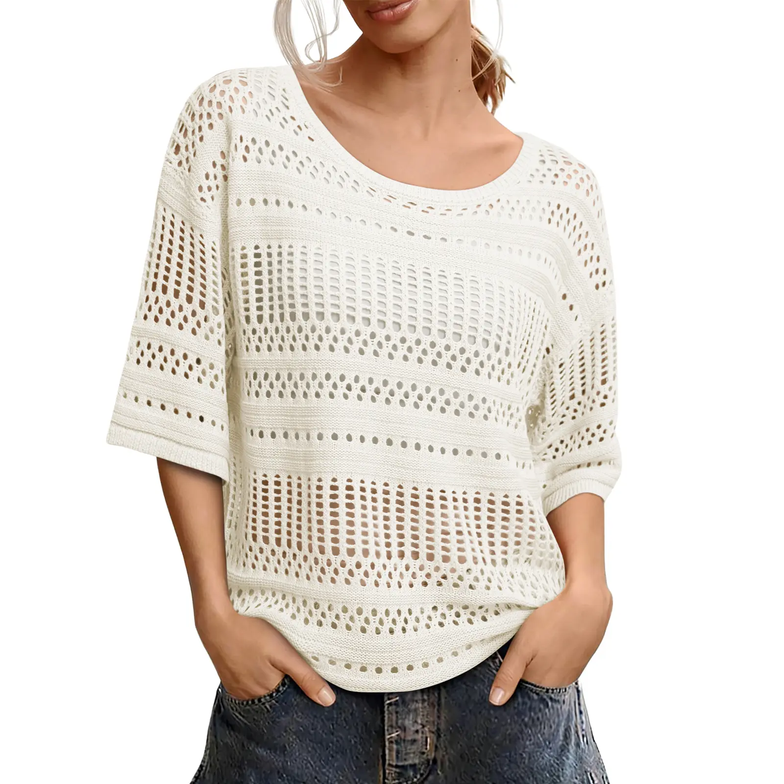 EVALESS Women's Summer Hollow Out T Shirts Tops Casual Half Sleeve Crochet Fishnet Knitwear Beach Vacation Outfits 2026 Fashion  Deals For You Days summer outfits