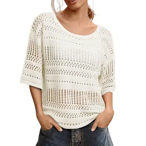 EVALESS Women's Summer Hollow Out T Shirts Tops Casual Half Sleeve Crochet Fishnet Knitwear Beach Vacation Outfits 2026 Fashion