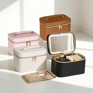 Makeup Bag with LED Lighted Mirror, Portable Vanity Case Train Case & Travel Toiletry Bag, Cosmetic Organizer with Brush Holder | 3 Color Lights, Adjustable Brightness for Precision Makeup, Elegant Gift for Women