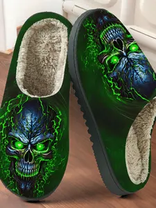 Fluo Skull Dark Printed Cotton Slippers, Gothic Cool Style, Fuzzy Lined Anti-Slip Thick Sole, Home Use Men Women Fall Winter Warm Shoes