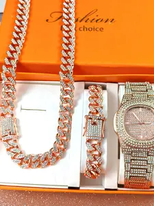 Hiphop Watch Set + Bracelet + Necklace + Box, Rhinestone Analog Quartz Watch, Unisex Classic Fashion, Metal Case, Mineral Glass Dial