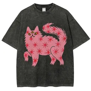 The Pink Cat Unisex Vintage Washed Tee, Unisex Vintage Tee, Vintage Colorful Tee - Oversized Shirt - Natural & Animal Planet Unisex Streetwear