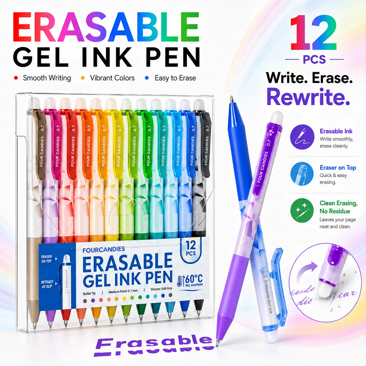 【back to a school shopping】Four Candies Erasable Gel Pens, 0.7 mm Fine Point Pens, 12 Assorted Colors | Make Mistakes Disappear, Erasable Pens Multicolor, Retractable Erasable Pens for School, Journaling & Office Writing