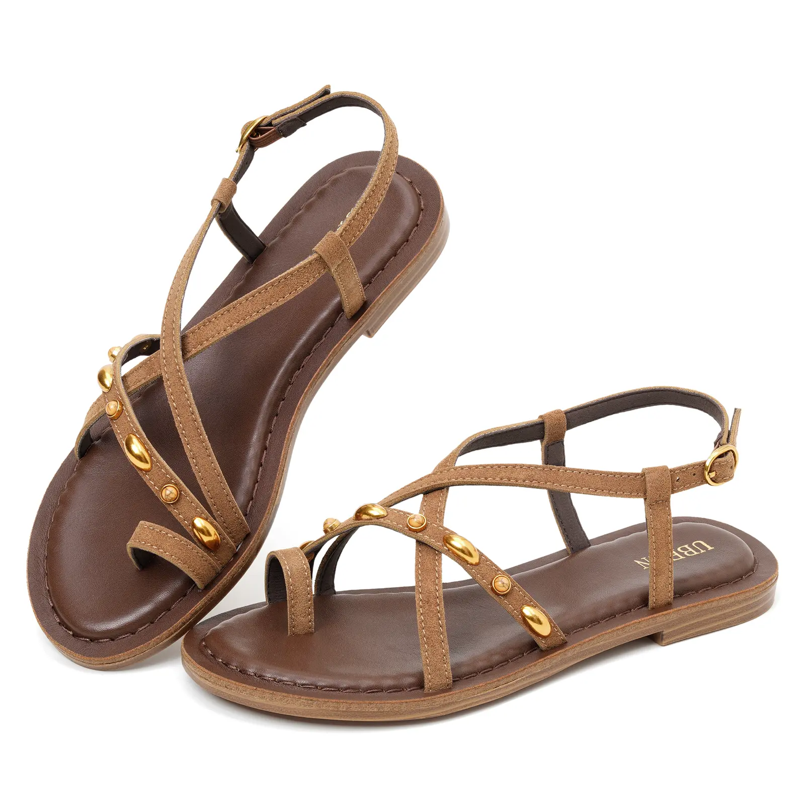 UBFEN Women's Lightweight Flexible Flat Sandals - Crisscross Open Toe, Toe Ring, Adjustable Wide Straps with Ankle Buckle, Padded Insole, Elastic Design for Summer Dressy Travel, Flexible Sandals