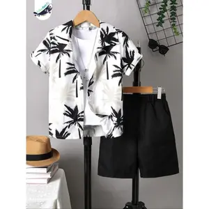 Two-Piece Set Boy's Plants Print Short Sleeve Shirt & Elastic Waist Shorts, Casual Summer Clothes for Kids Outdoor Holiday Vacation