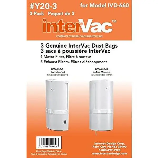InterVac Genuine InterVac Dust Vacuum Bags 3pk for Model IVD-660 Y20-3 with Motor & Exhaust Filters Included