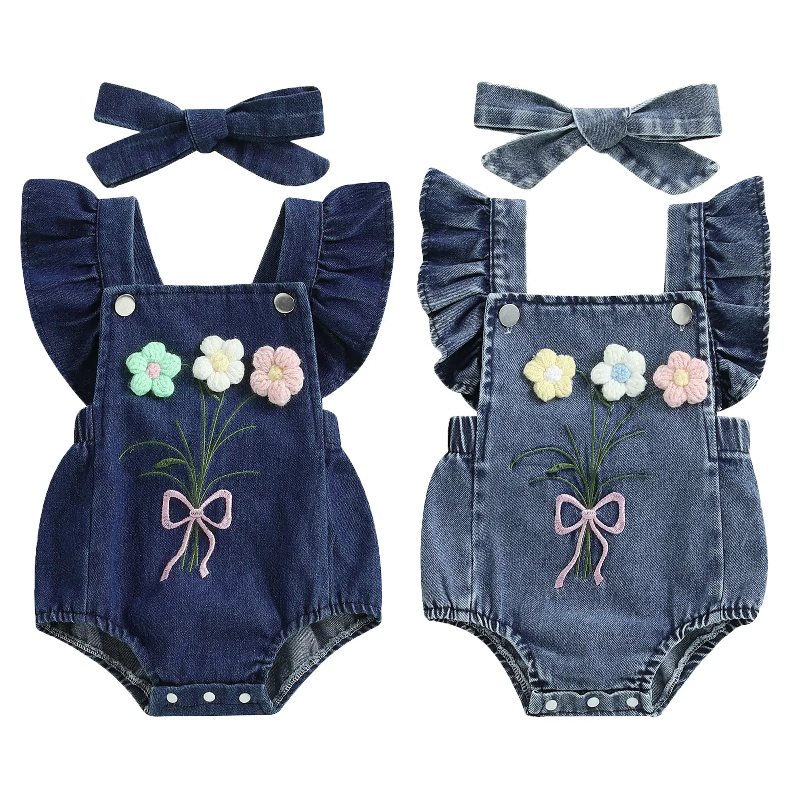 Newborn Baby Girls Summer Clothes Denim Romper Jumpsuit Infant Girl Summer 3D Flower Bodysuits Ribbed Short Sleeve Headband