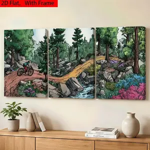 Three Panel Canvas Wall Art Featuring Mountain Bicycle Scenic Landscape and Forest Creek, Perfect for Living Room, Bedroom, Office, Modern Farmhouse Sport Decor