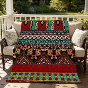 Bohemian Style Flannel Blanket, Single-Side HD Print, Tribal Geometric Style, Soft and Lightweight, Multi-Purpose for Napping, Camping, Picnic and Home Decor, Suitable for Teens and Adults