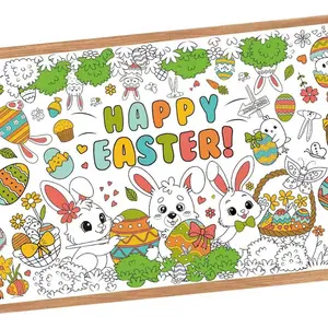 Giant Easter Coloring Poster - Large Happy Easter Coloring Tablecloth Cover,  Cute Bunny Paper Colorable Table Cloth Banner for Easters Gifts Activities  Party Decorations Props, 31 x 72Inch