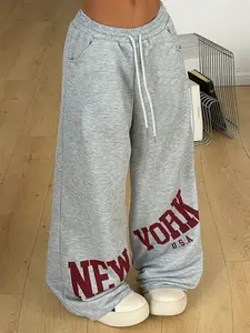 Ladies Y2K Style Baggy Track Pants, Womenswear Bottoms, Vintage "NEW YORK" Graphic Print, High Waisted Wide Leg, Comfy Cotton Blend For Streetwear & Lounge Summer street style outfits suitable for any occasion